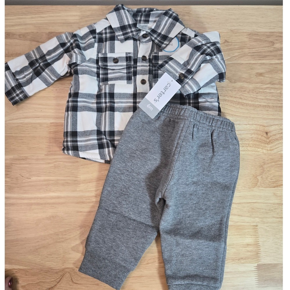 Carters Baby Boy 2 Piece Plaid Sherpa Lined Shirt and Pants Set 6M Black Grey
